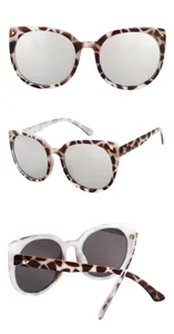 Three-angle product views of leopard cat-eye sunglasses featuring large frames and metal studs