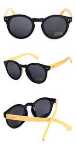 Macro details of round sunglasses with handmade bamboo temples and UV 400 lens