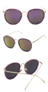 Detailed views of oversized round sunglasses featuring purple tortoiseshell pattern frames