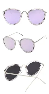 Three views of round marble-patterned sunglasses showing front, side and back details