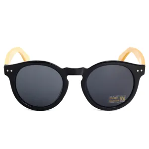 Classic round black frame sunglasses with natural bamboo temples and UV400 protection.