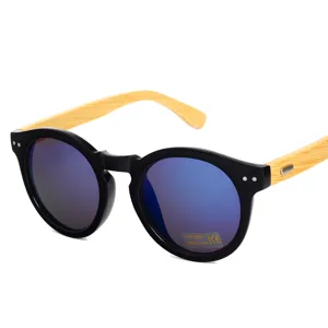 Classic bamboo temple sunglasses with blue mirrored lenses and UV400 protection.