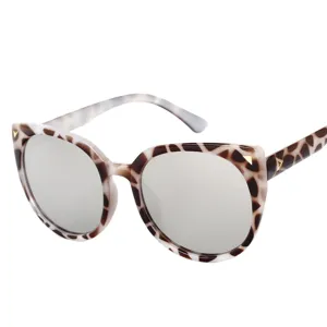 Trendy large frame cat-eye sunglasses with animal print and mirrored lenses