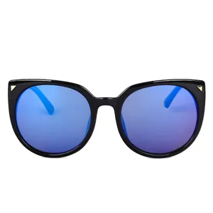 Fashionable oversized cat-eye sunglasses featuring blue mirrored lenses and black frame