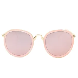Stylish round frame sunglasses with pink tinted lenses and elegant gold metal frame