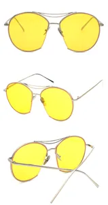 Mehrere Detailansichten einer transparenten gelben Sonnenbrille mit silbernen Metallrahmen und Steg