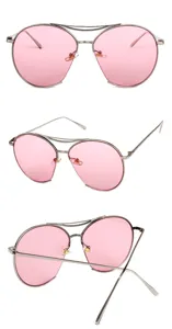 Detailansicht der pinkfarbenen Mode-Sonnenbrille mit silbernem Metallrahmen aus verschiedenen Winkeln