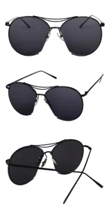 Moderne schwarze Pilotenbrille mit Doppelsteg-Design aus drei Perspektiven gezeigt.