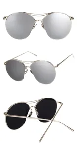 Detaillierte Dreifachansicht der stylischen silbernen Pilotenbrille mit Metallrahmen