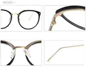 Vista detallada de gafas con montura de metal negro y dorado con bisagras y almohadillas