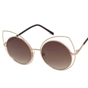 Women Trendy Cat Ear Round Frame Sunglasses Metal Large Frame UV400 Mirror Gradient Lenses Fashion Street Eyewear