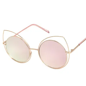 Fashionable rose gold cat ear round sunglasses with pink mirrored lenses for women