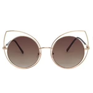 Oversized cat-eye round sunglasses with gold metal frame and gradient brown lenses