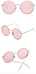 Vista dettagliata di occhiali da sole rotondi alla moda con lenti rosa e montatura argento