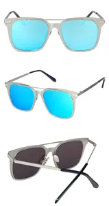 Vue multi-angle de lunettes de soleil carrées en métal avec verres bleus réfléchissants