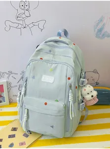 Minzgrüner Schulrucksack mit großer Kapazität, süßem Hundeanhänger und bunten Punkten