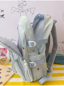 Detailansicht eines hellblauen Polka-Dot-Rucksacks mit stabilen Reißverschlüssen
