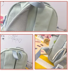 Detailansicht der atmungsaktiven Netzgurte und des Stoffes eines hellgrünen Schulrucksacks.