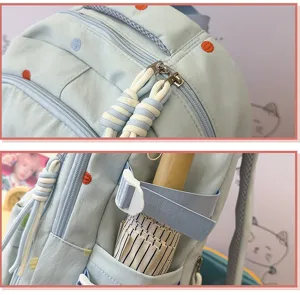 Detailansicht eines Schulrucksacks mit Doppelreißverschluss und Schirmhalterung