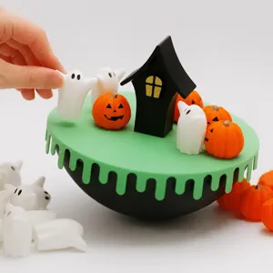 Halloween balancing game set with tumbling base, cute ghost and pumpkin props for party fun.