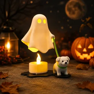 Halloween ghost dog figurine detail view showing LED candle and cute ghost walking puppy.