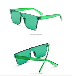 Primer plano de gafas de sol integradas de color verde caramelo desde varios ángulos.