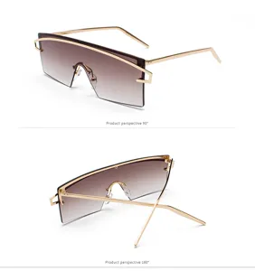 Detailed views of oversized flat-top sunglasses with gold metal frame and gradient lenses