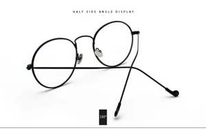 Vista lateral de montura de gafas redonda de metal negro con bisagra flexible de 180°
