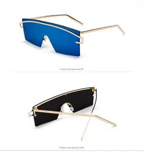 Detailed view of futuristic blue mirrored oversized sunglasses with gold metal frames