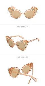 Detailed multi-angle views of women's flower rhinestone oversized sunglasses in peach