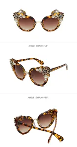 Multiple view angles of trendy tortoiseshell sunglasses with rhinestone flower trim