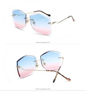 Vistas detalladas de gafas de sol hexagonales sin montura con degradado azul rosa