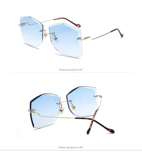 Vista detallada de gafas de sol sin montura con lentes degradadas azules de moda