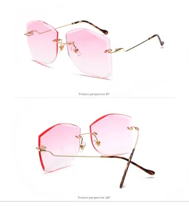 Vista multiángulo detallada de gafas de sol hexagonales sin montura con degradado rosa