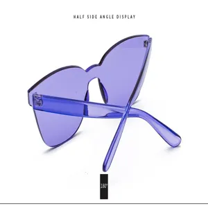 Vue latérale détaillée des lunettes de soleil papillon violettes sans monture à la mode