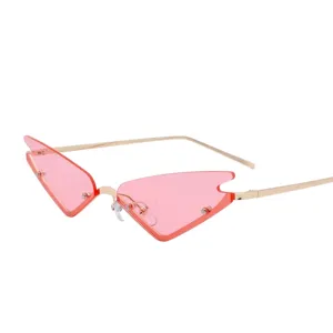 Occhiali da sole cat-eye senza montatura alla moda con lenti rosa e stanghette dorate fini