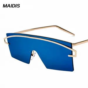 Oversized one-piece shield sunglasses with blue lenses and gold metal frame