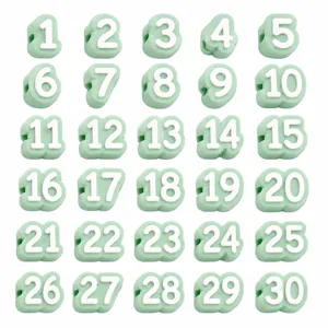 Silicone numbered pencil toppers grid set 1-30, cute green number beads for school office.