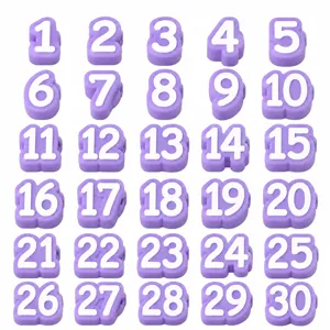 Detailed view of purple silicone numbered pencil toppers from 1 to 30, neat grid design.