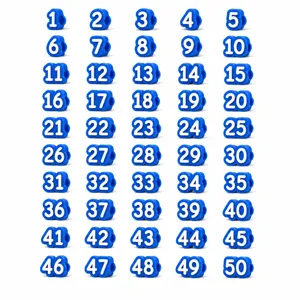 Numbered pencil toppers 1 to 50 set blue plastic pencil tags for school office supplies.