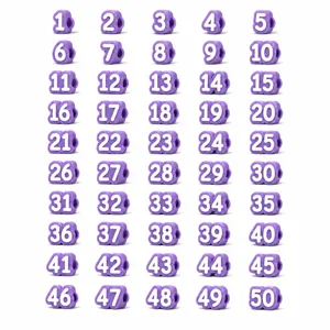 Numbered purple pencil toppers, number caps 1-50 for school stationery and office.