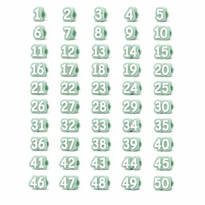 Numbered 1-50 pencil toppers set, cute mint green plastic number charms for school supplies.