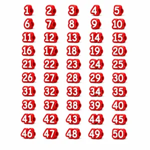 Numbered pencil toppers set 1-50, red 3D number tags for classroom and office organization.