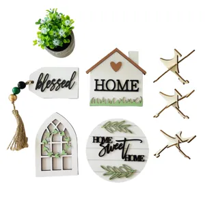 Farmhouse tiered tray wooden decor set with mini plant and rustic signs for home interior.