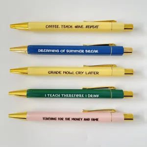 5-pack colorful teacher ballpoint pens set with gold trim and funny quotes for daily office use.