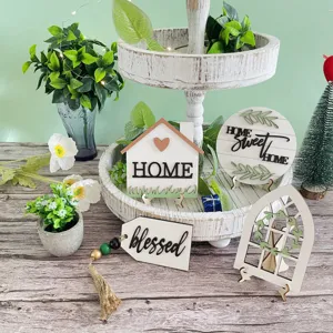 Farmhouse Tiered Tray Decor Wooden Home Blessed Signs Rustic Table Centerpiece Tiered Tray Accessories For Home Living Room
