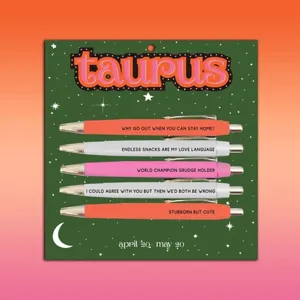 Taurus zodiac theme 5-piece ballpoint pen set with funny quotes card packaging design.