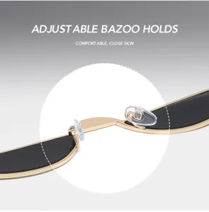 Détail des plaquettes de nez réglables en silicone sur lunettes de soleil demi-cerclées