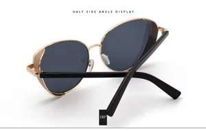 Close-up of women's cat-eye sunglasses with glitter side shields in half side view
