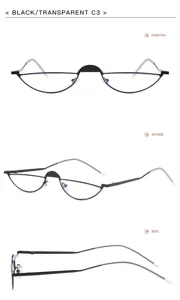 Vues détaillées de lunettes de soleil en métal à demi-monture noire sous plusieurs angles